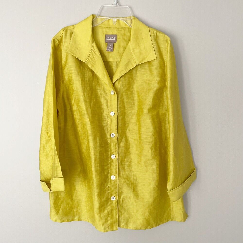 Chico’s Size 1 Medium 8 Yellow Button Linen Lyocell Nylon Blend Shirt
